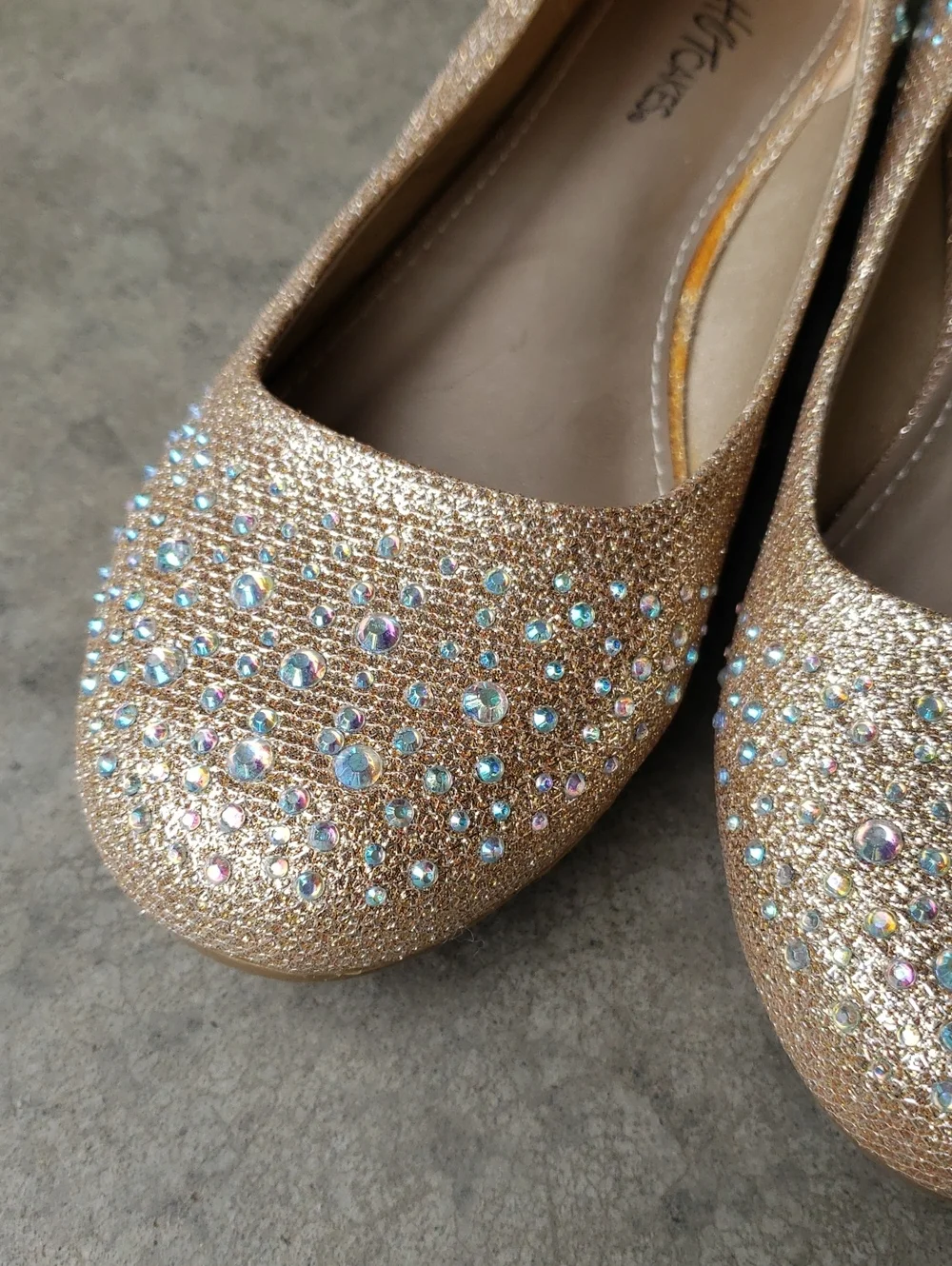 Gold Round Toe Flats with Rhinestones. Women's 6.5